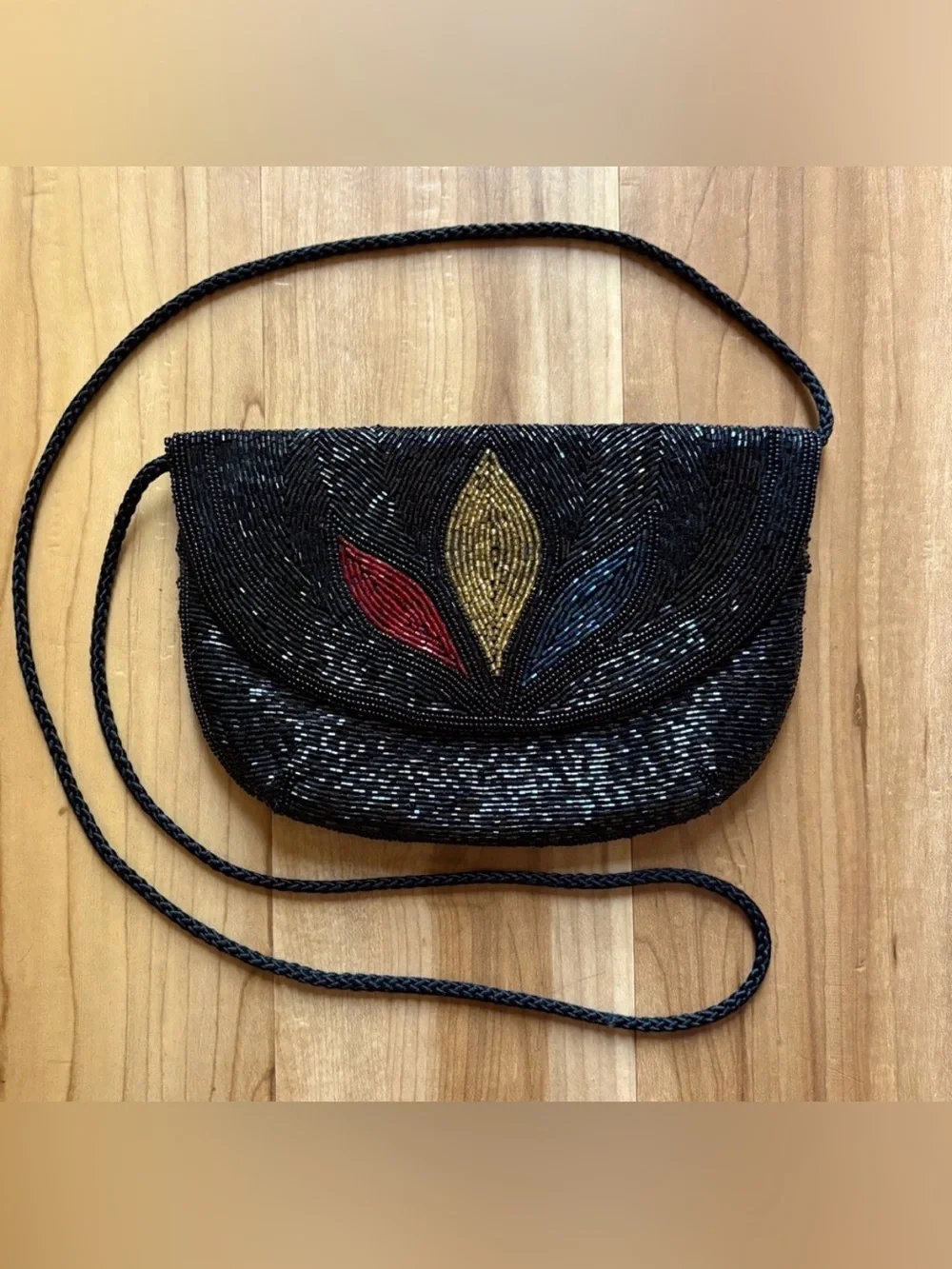 Vintage Black Beaded Clutch with Colorful Accents